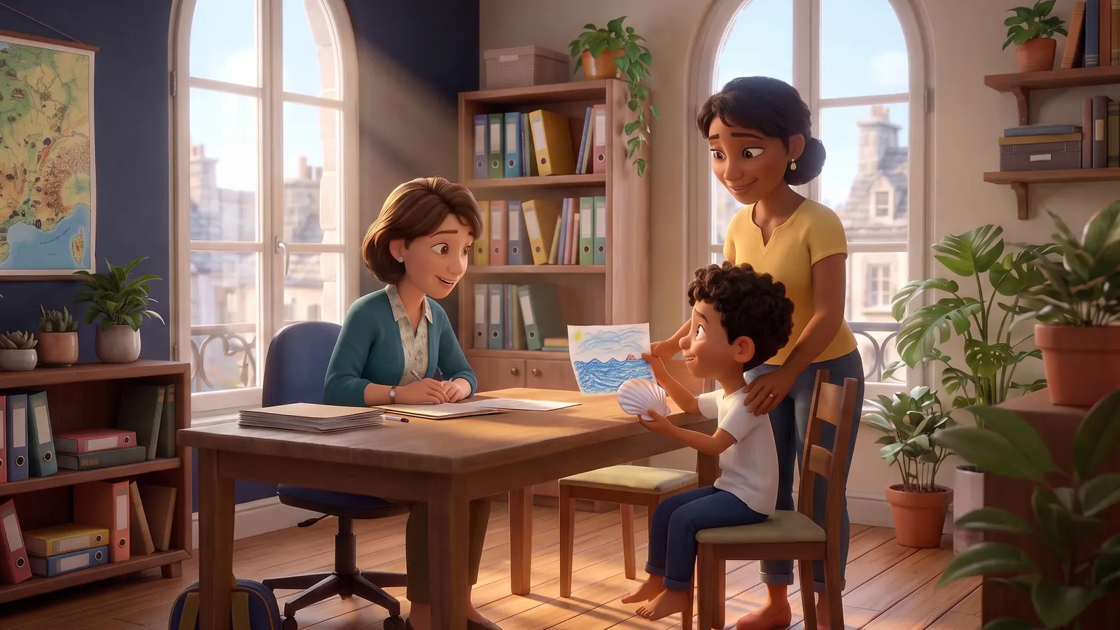 Illustration : dans les locaux de l'association, une accompagnatrice reçoit une mère et son fils, qui lui montre un dessin de la mer.